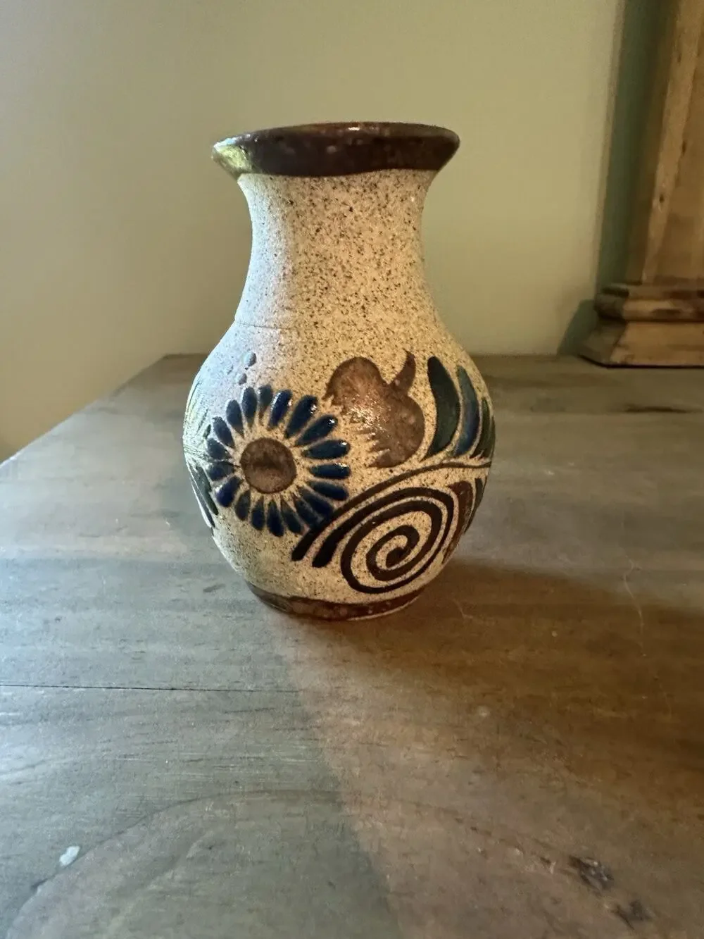 Vintage Mexico Tonala Sandstone Pottery Bud Vase 3.75”T Folk Art
